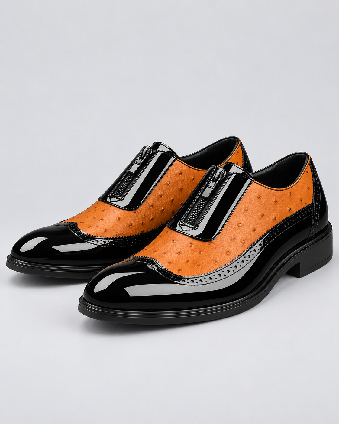 Men's Genuine Ostrich Leather Oxford Shoes | Elegant Brogued Detail with Side Zip Closure