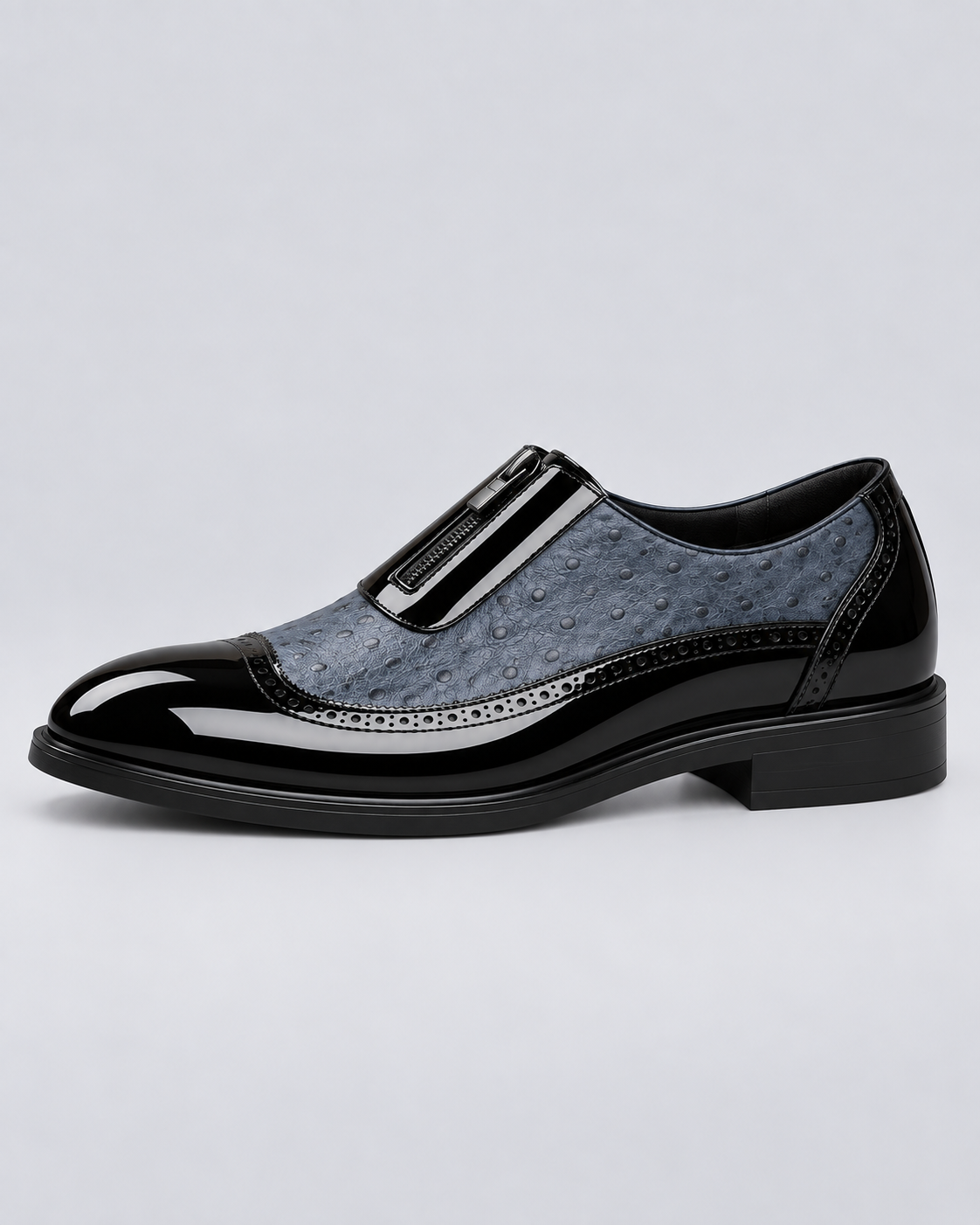 Men's Genuine Ostrich Leather Oxford Shoes | Elegant Brogued Detail with Side Zip Closure
