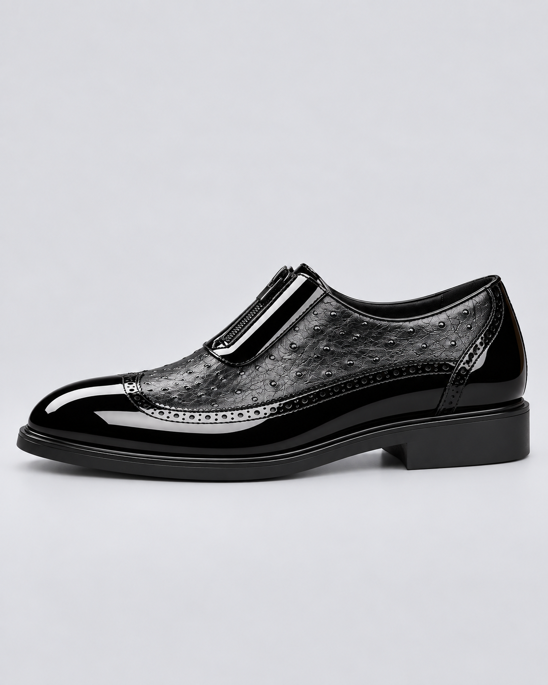 Men's Genuine Ostrich Leather Oxford Shoes | Elegant Brogued Detail with Side Zip Closure
