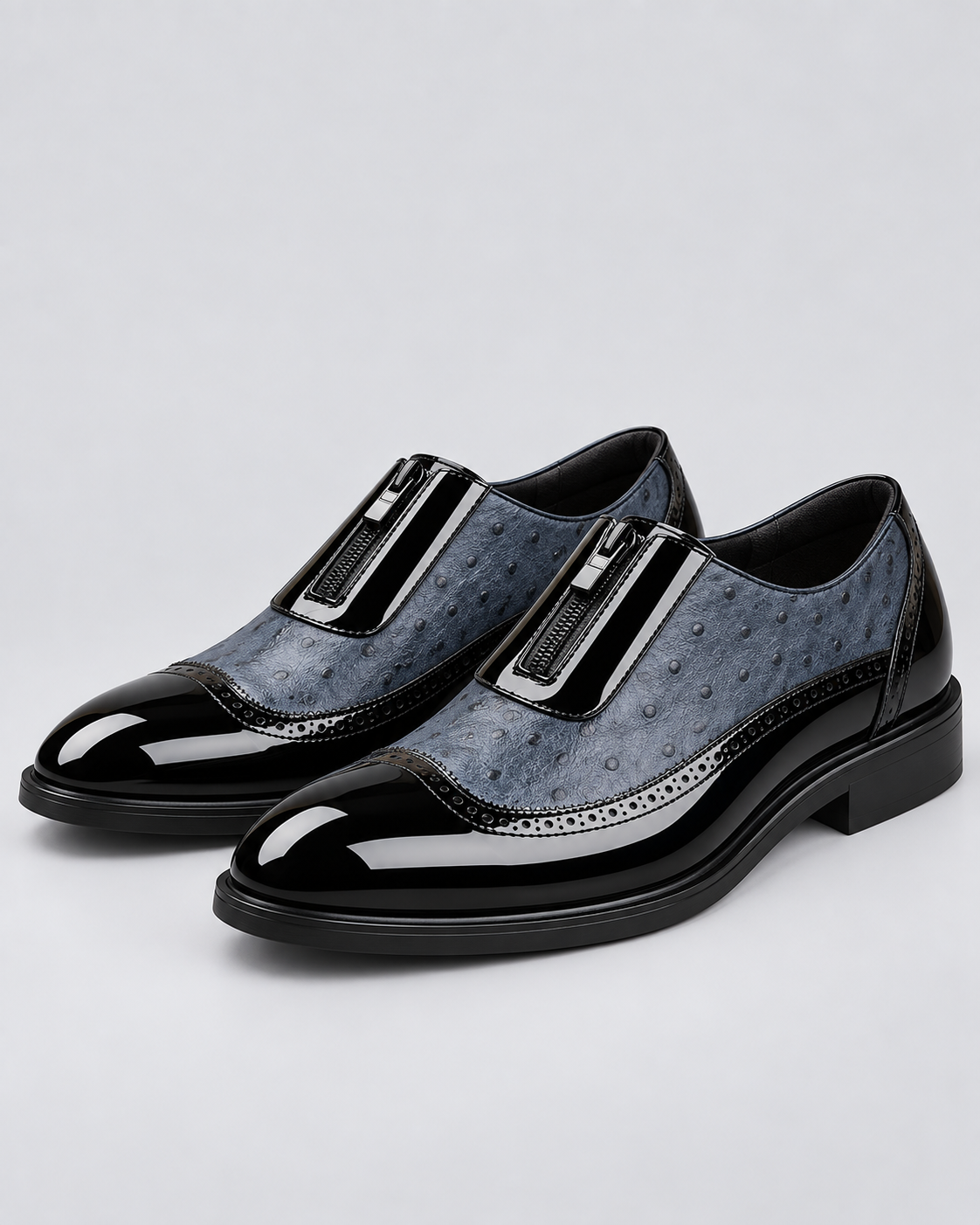 Men's Genuine Ostrich Leather Oxford Shoes | Elegant Brogued Detail with Side Zip Closure