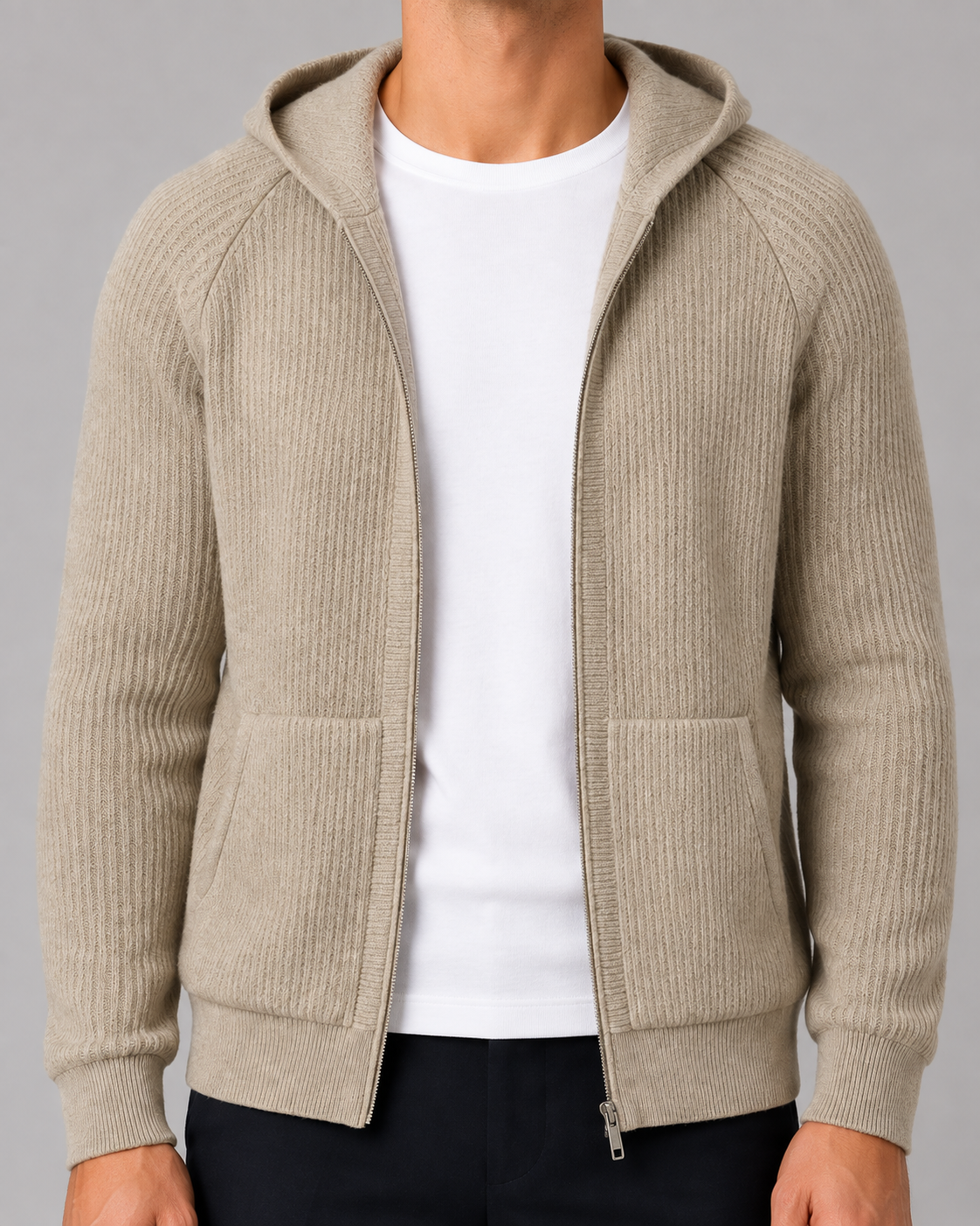 100% Cashmere Rib Knit Zip Hoodie