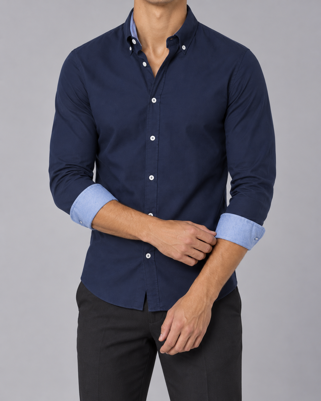 Men's 100% Cotton Slim Fit Button-Down Shirt | Long Sleeve with Contrast Cuffs