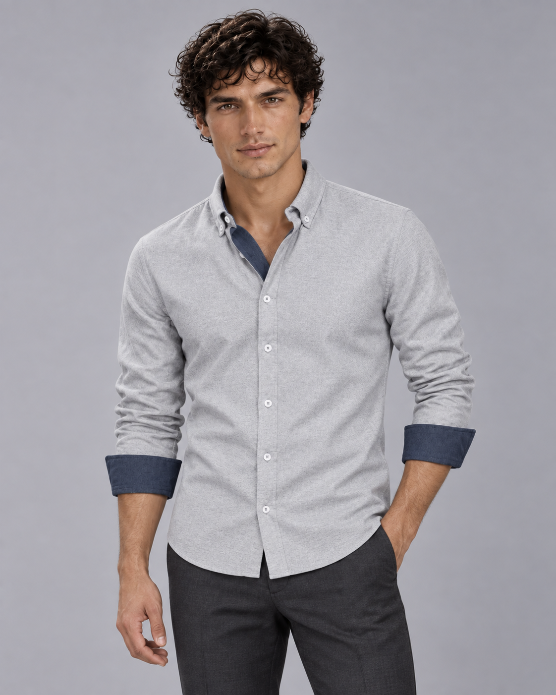 Men's 100% Cotton Slim Fit Button-Down Shirt | Long Sleeve with Contrast Cuffs