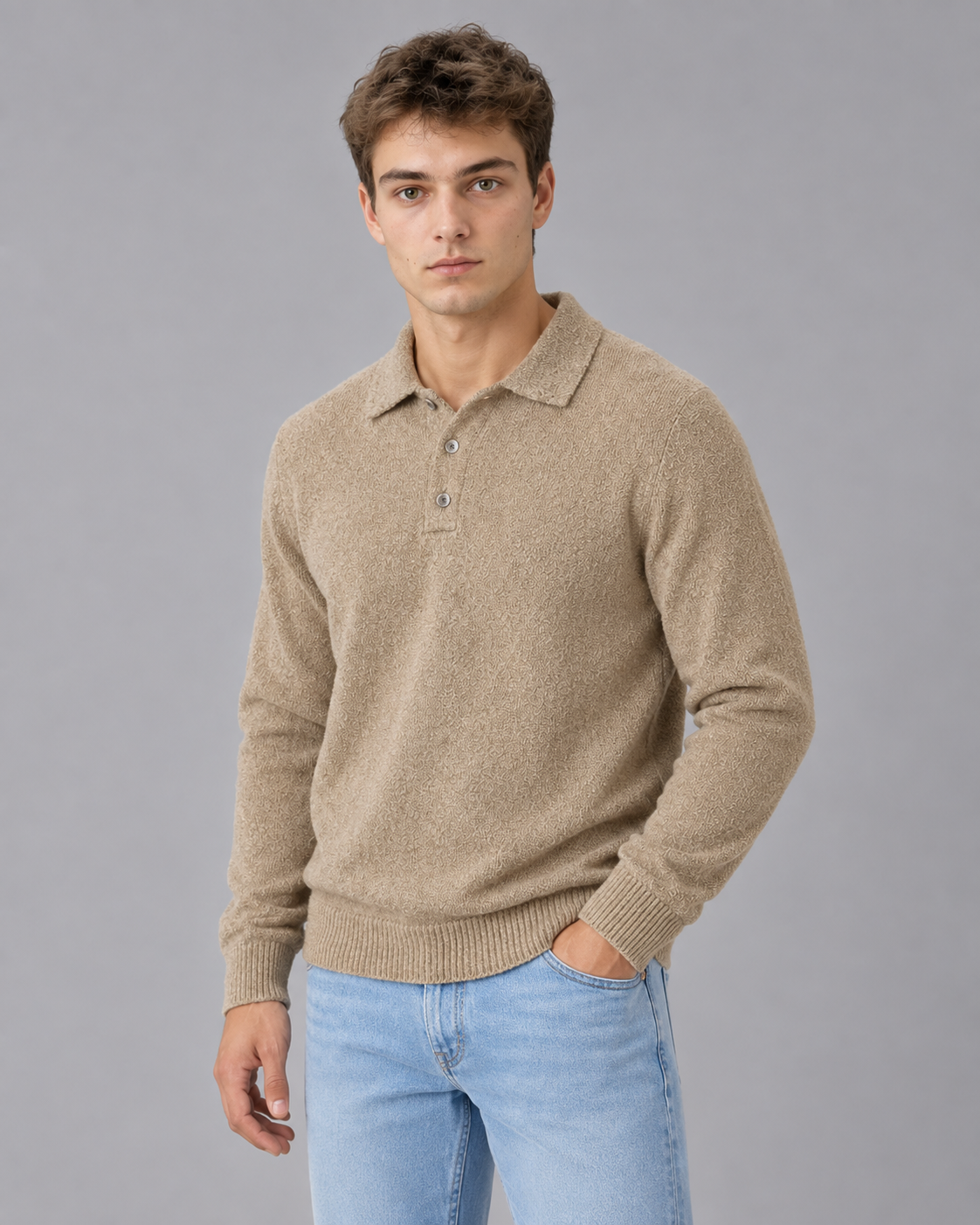 Men's Long Sleeve Knit Polo Jumper | Pullover Sweater with Relaxed Fit