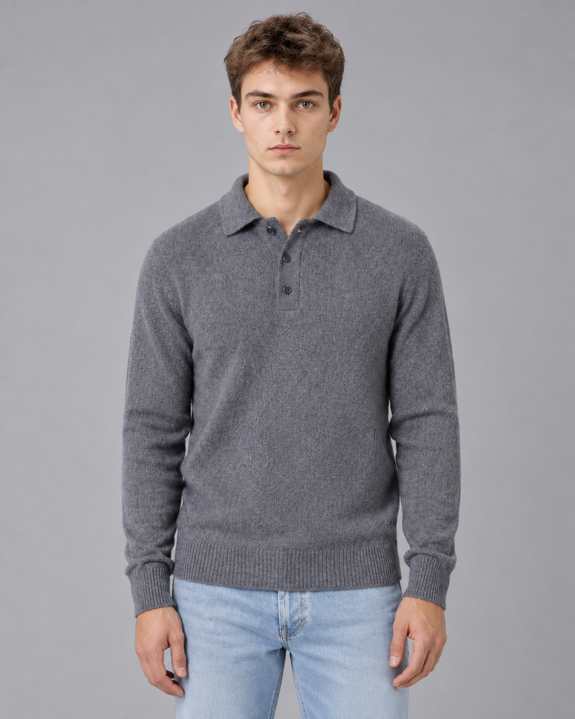 Men's Long Sleeve Knit Polo Jumper | Pullover Sweater with Relaxed Fit