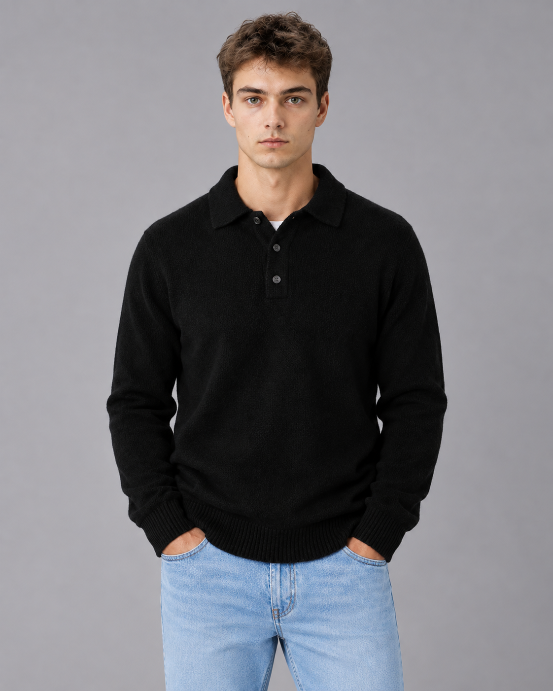 Men's Long Sleeve Knit Polo Jumper | Pullover Sweater with Relaxed Fit