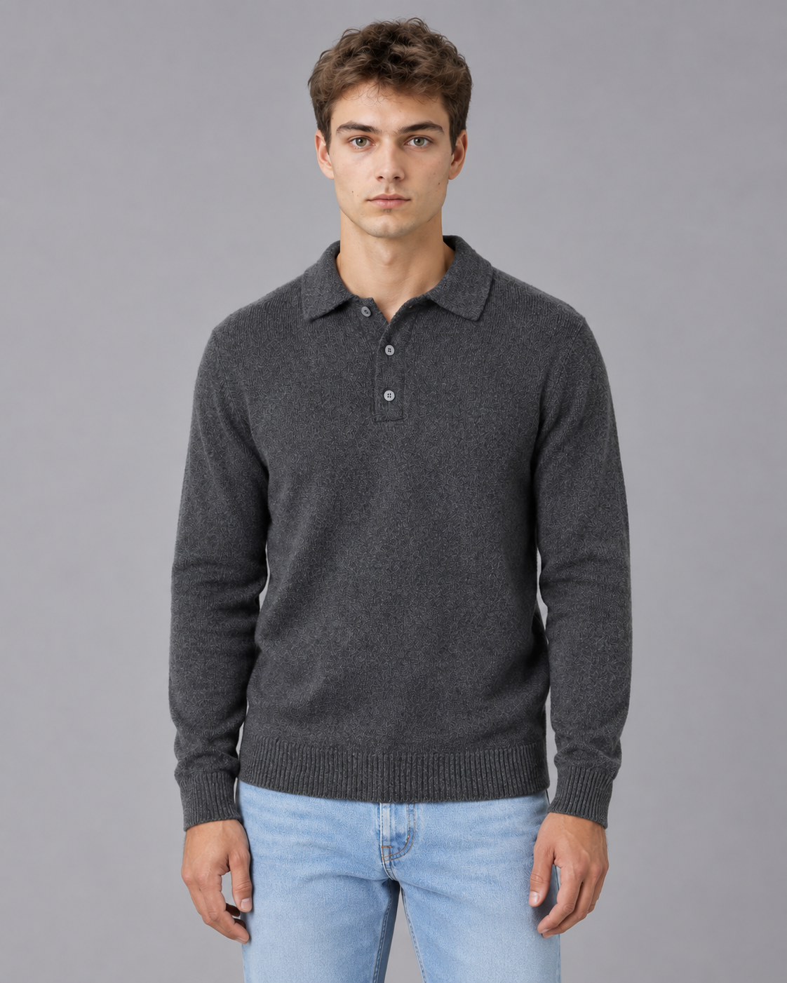 Men's Long Sleeve Knit Polo Jumper | Pullover Sweater with Relaxed Fit