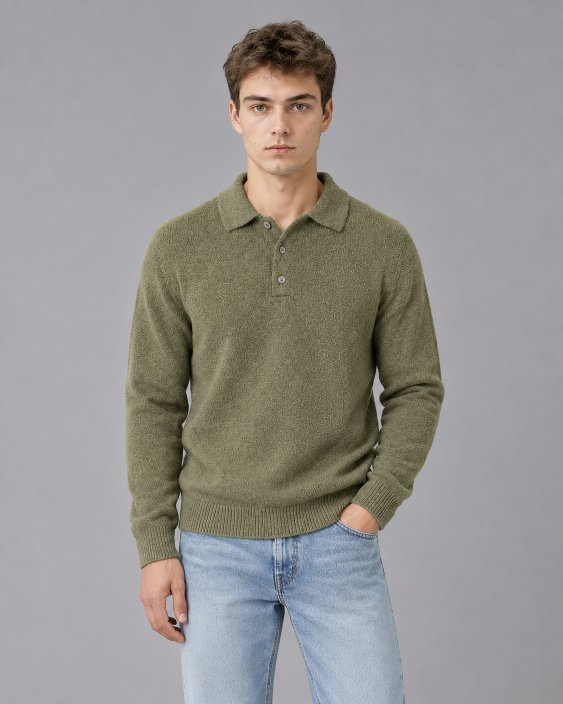 Men's Long Sleeve Knit Polo Jumper | Pullover Sweater with Relaxed Fit
