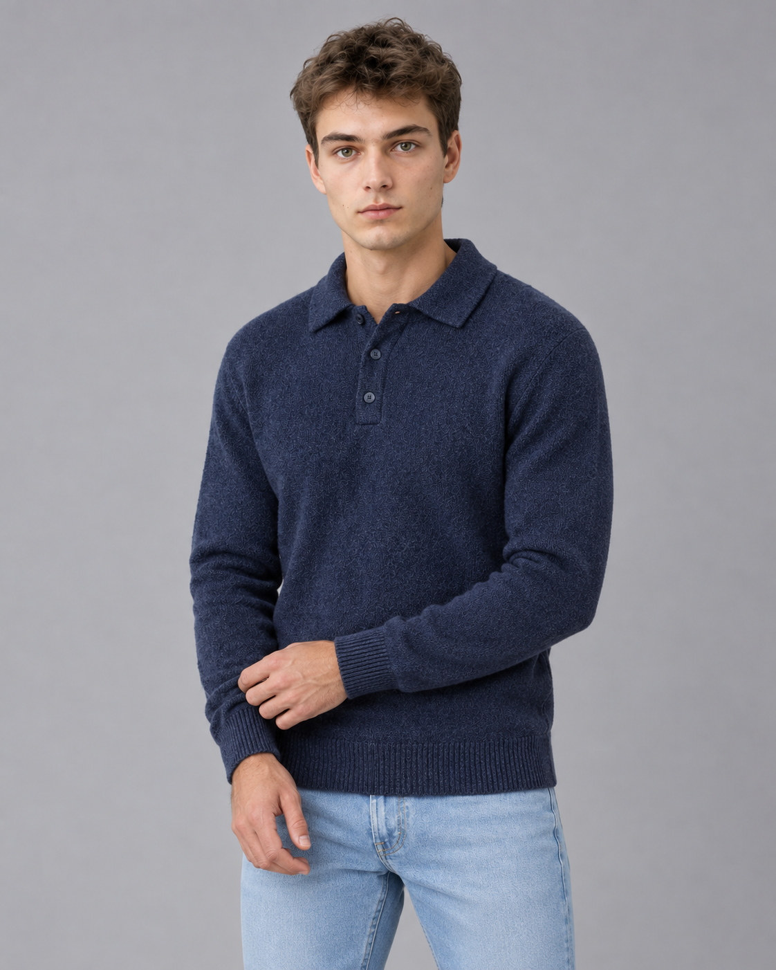 Men's Long Sleeve Knit Polo Jumper | Pullover Sweater with Relaxed Fit