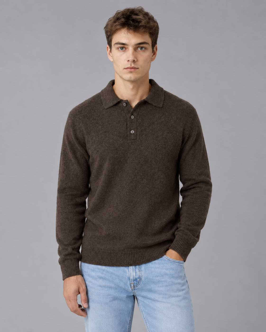 Men's Long Sleeve Knit Polo Jumper | Pullover Sweater with Relaxed Fit
