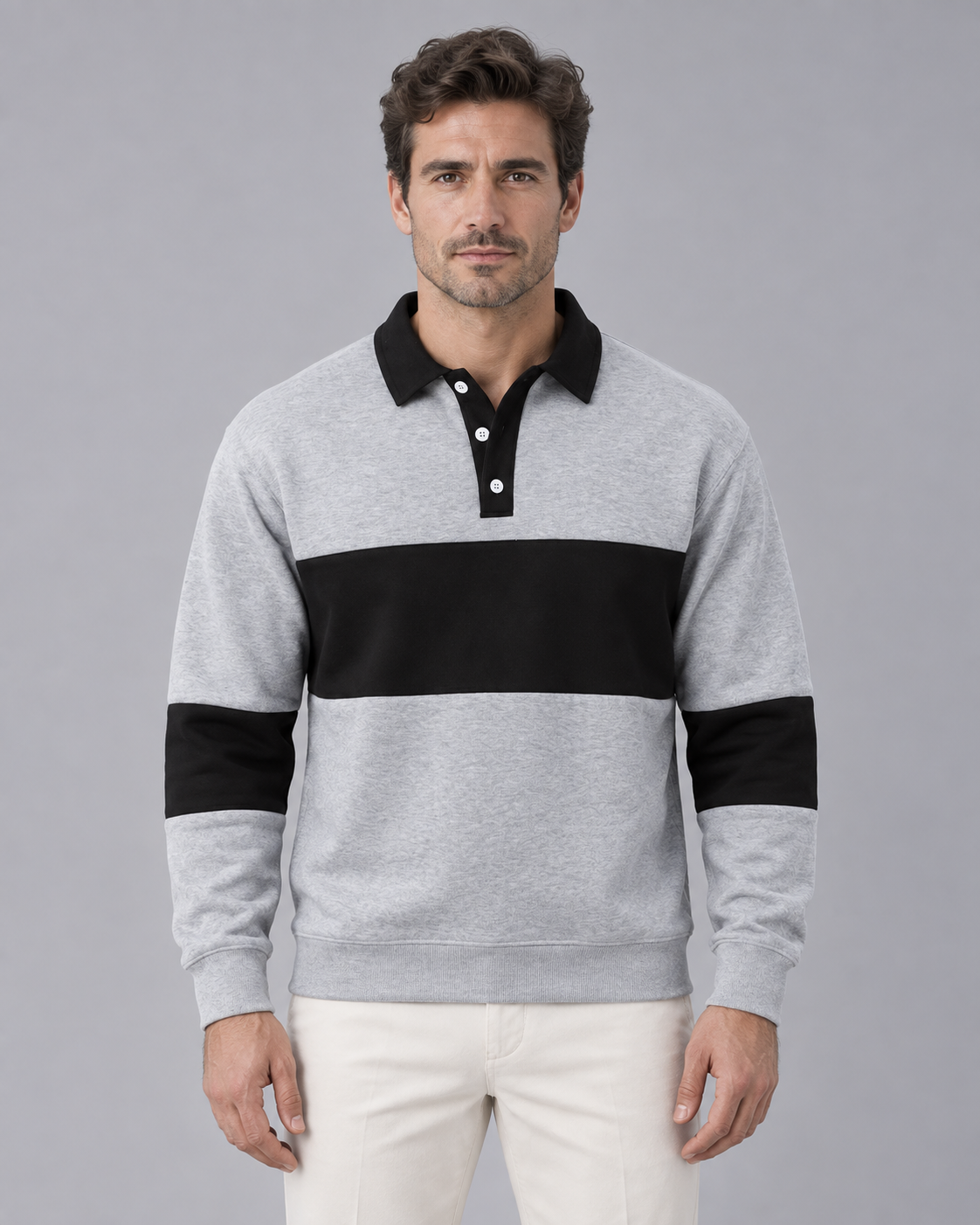 Men’s Polo Sweater – Button Collar Loose Fit Color Block Knit Jumper
