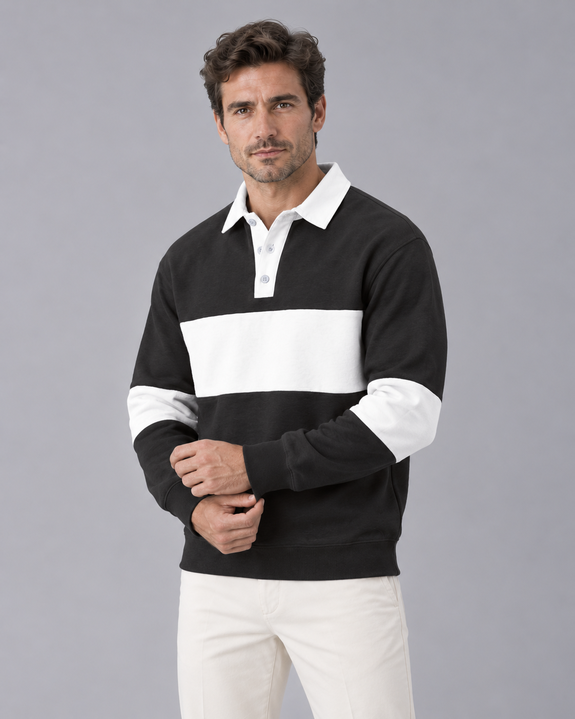 Men’s Polo Sweater – Button Collar Loose Fit Color Block Knit Jumper