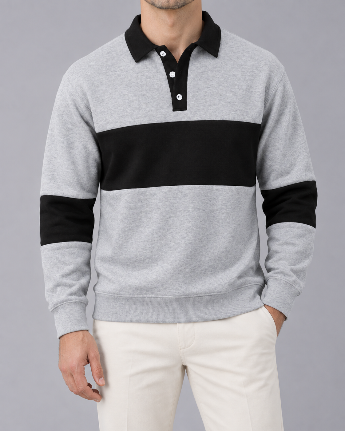 Men’s Polo Sweater – Button Collar Loose Fit Color Block Knit Jumper