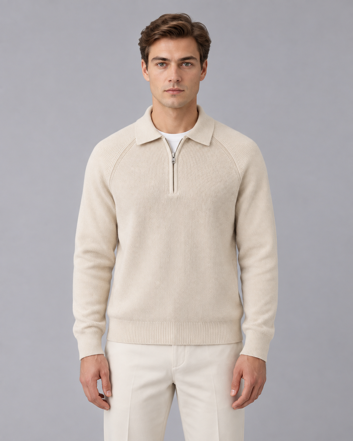Men's Knitted Quarter-Zip Sweater with Collar and Raglan Sleeves