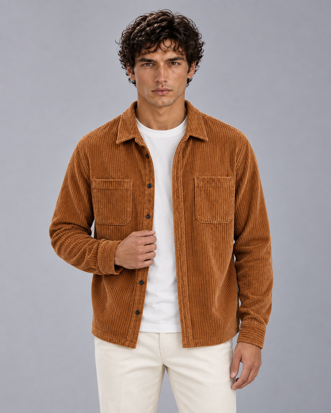 Men's Ribbed Corduroy Overshirt Jacket | Long Sleeve with Layering Top