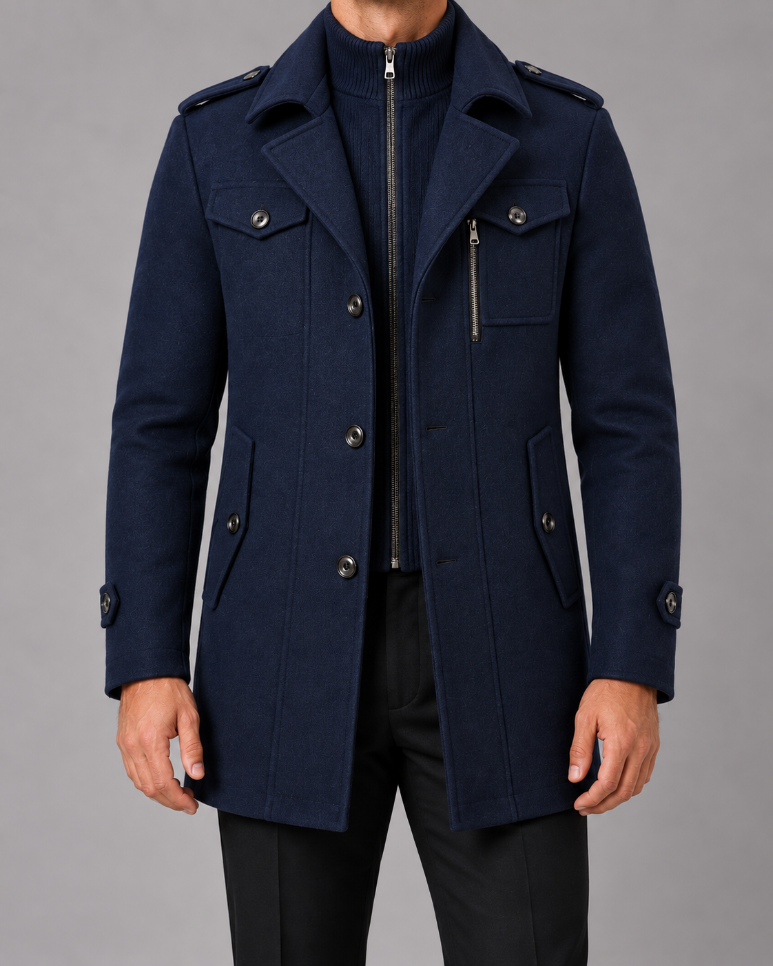 Men's Wool Blend Overcoat | Military-Inspired Long Coat with Detachable Bib