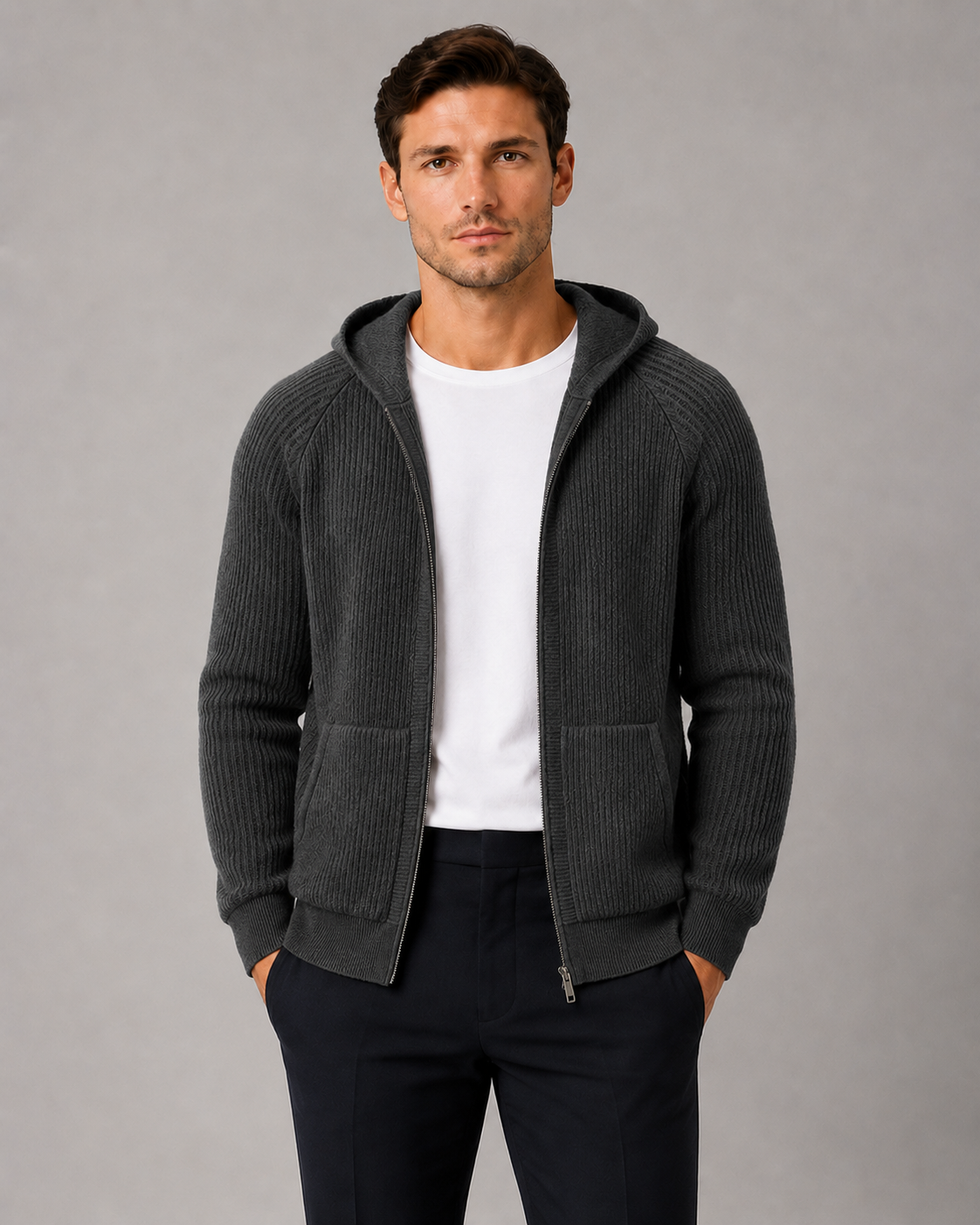 100% Cashmere Rib Knit Zip Hoodie