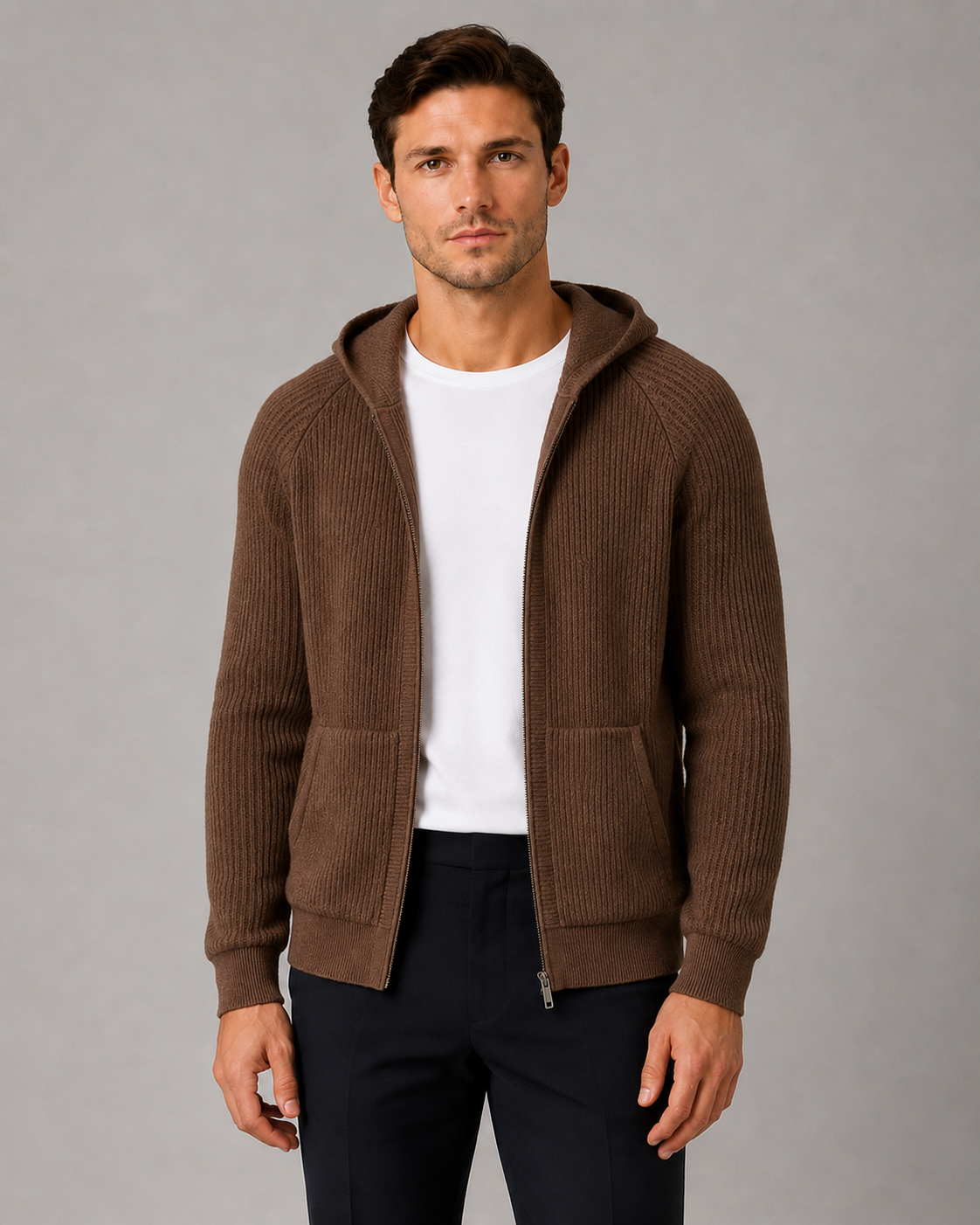100% Cashmere Rib Knit Zip Hoodie