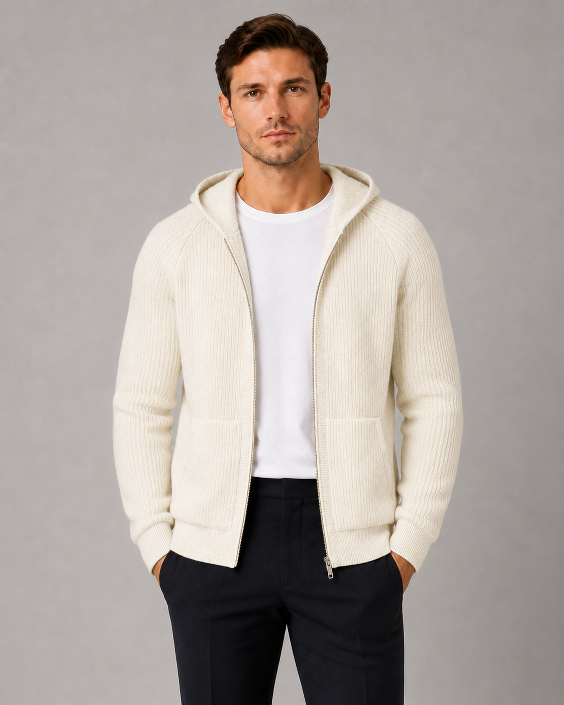 100% Cashmere Rib Knit Zip Hoodie