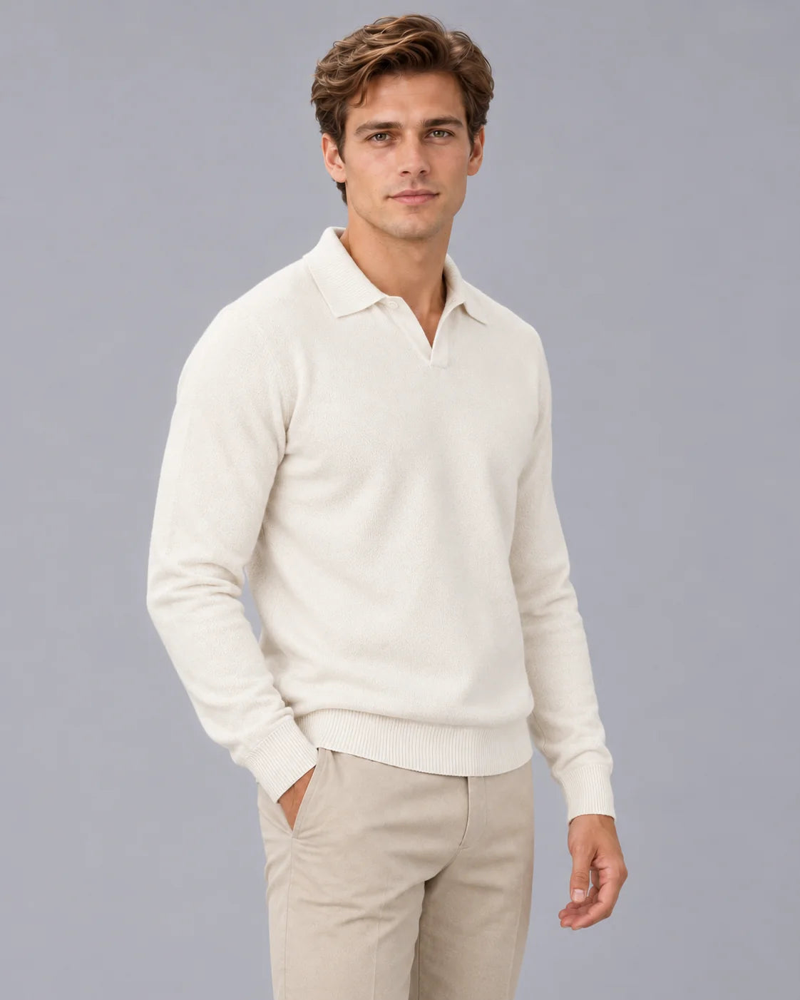 Men's Soft Fine Knit Sweater | Casual Open Johnny Collar Top in Warm Ivory 0