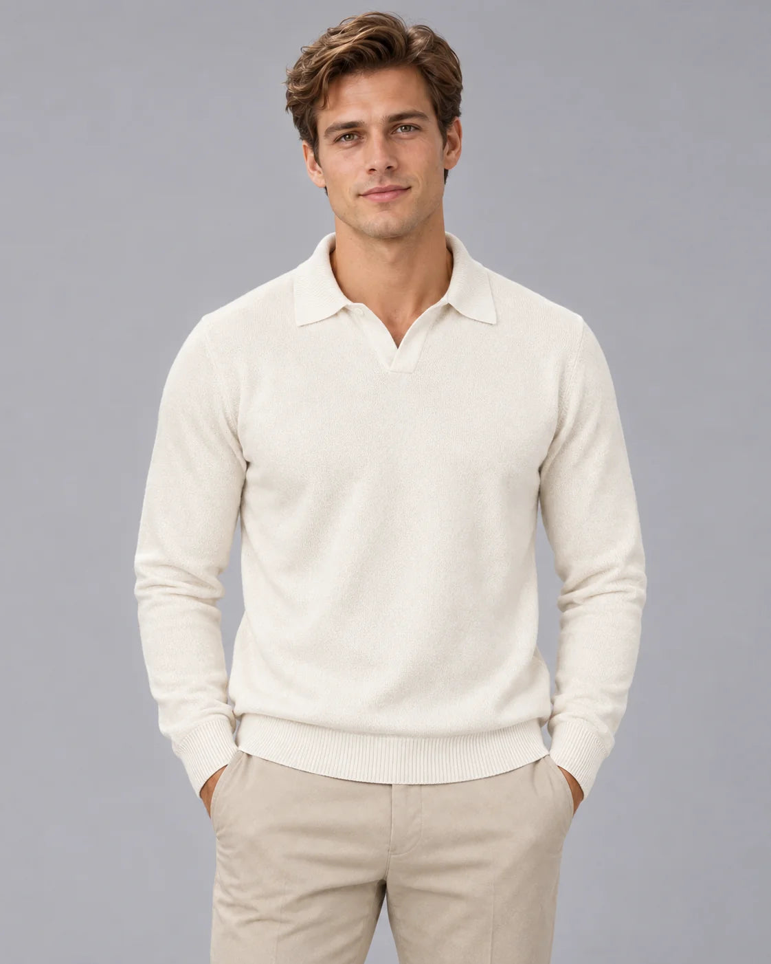Men's Soft Fine Knit Sweater | Casual Open Johnny Collar Top in Warm Ivory 1