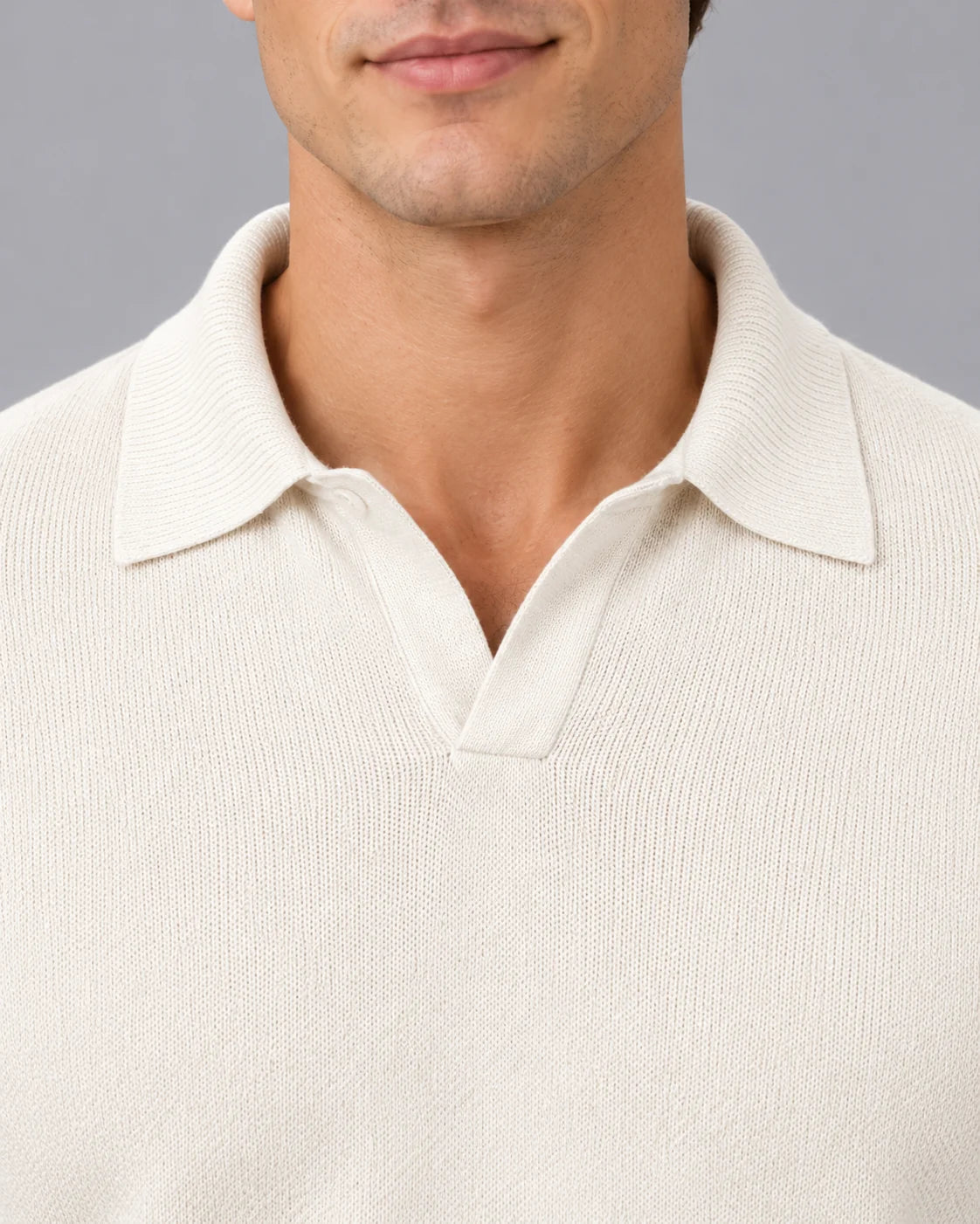 Men's Soft Fine Knit Sweater | Casual Open Johnny Collar Top in Warm Ivory 4
