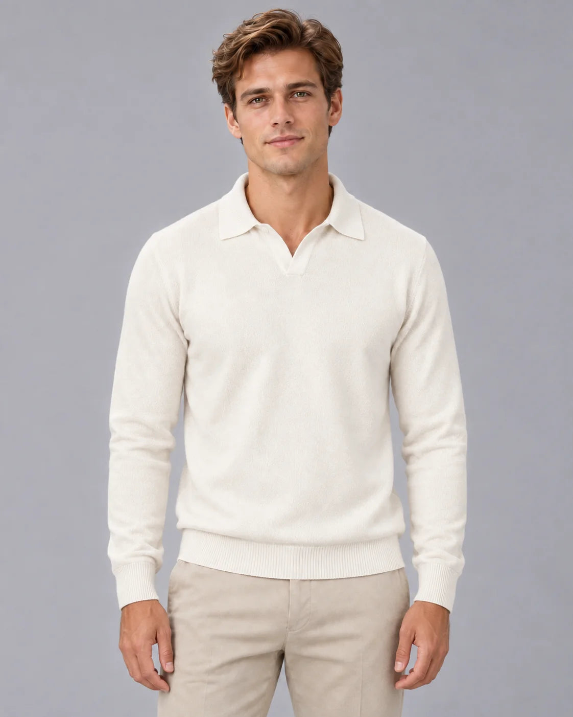 Men's Soft Fine Knit Sweater | Casual Open Johnny Collar Top in Warm Ivory 5