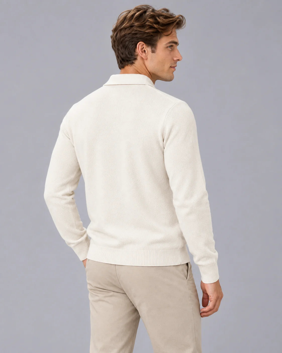 Men's Soft Fine Knit Sweater | Casual Open Johnny Collar Top in Warm Ivory 6