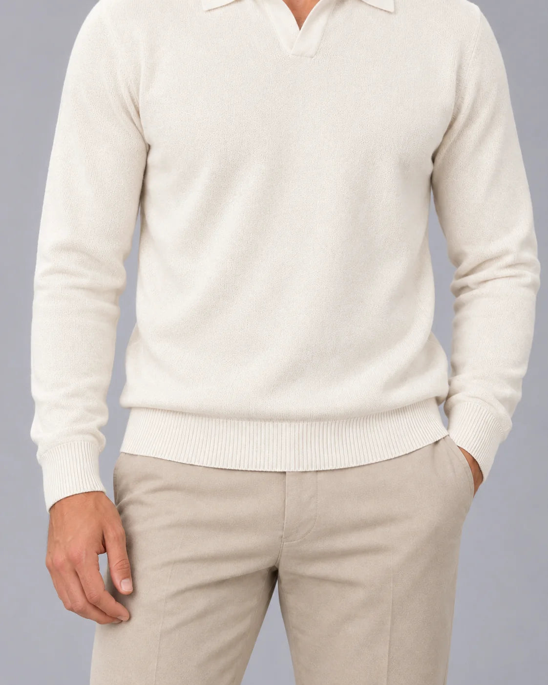 Men's Soft Fine Knit Sweater | Casual Open Johnny Collar Top in Warm Ivory 8