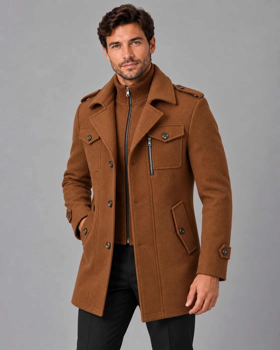 Men's Wool Blend Overcoat | Military-Inspired Long Coat with Detachable Bib 1