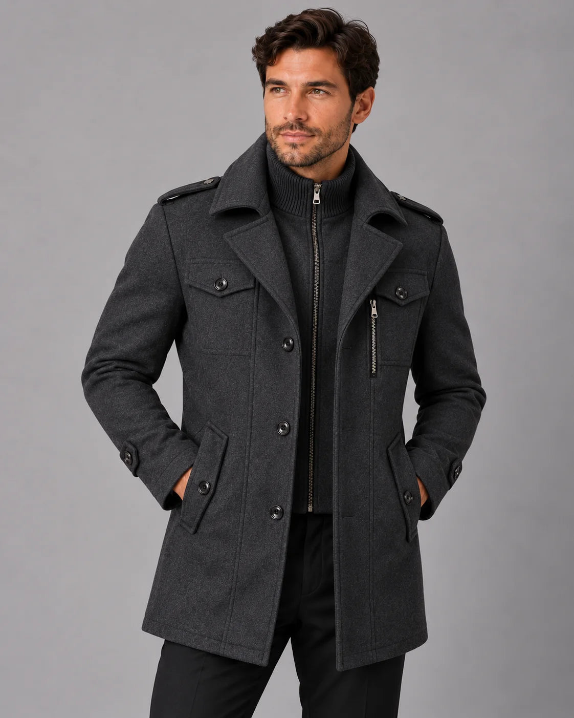 Men's Wool Blend Overcoat | Military-Inspired Long Coat with Detachable Bib 2