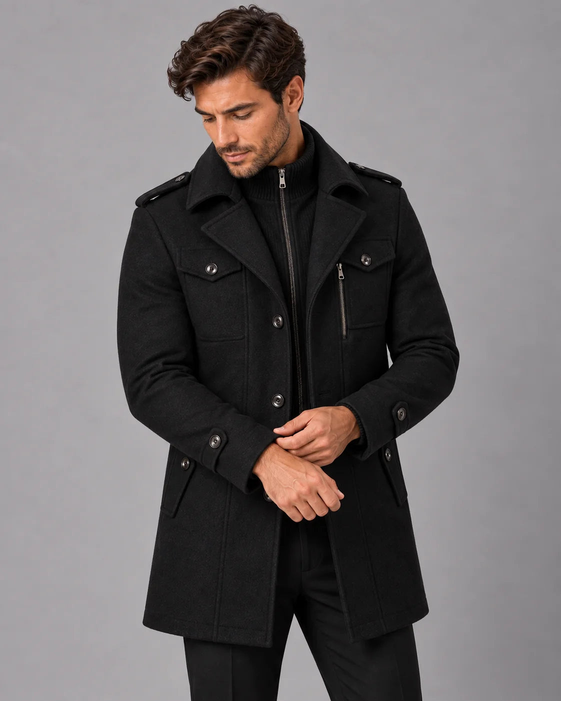 Men's Wool Blend Overcoat | Military-Inspired Long Coat with Detachable Bib 4