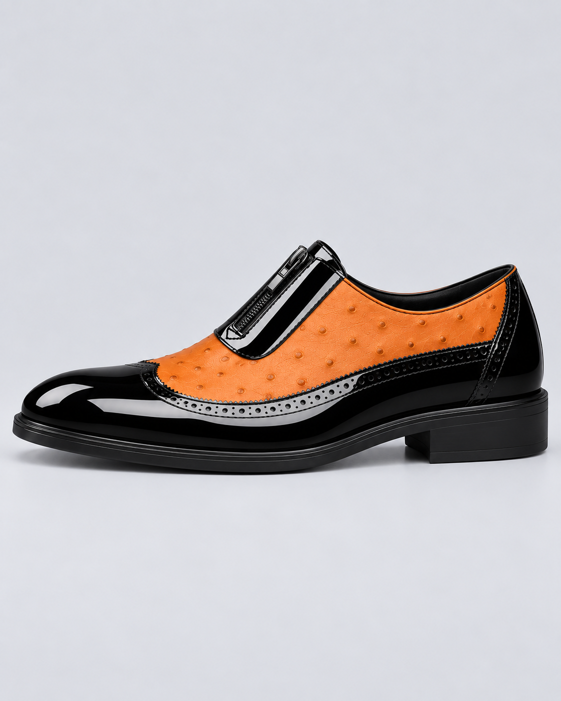 Men's Genuine Ostrich Leather Oxford Shoes | Elegant Brogued Detail with Side Zip Closure