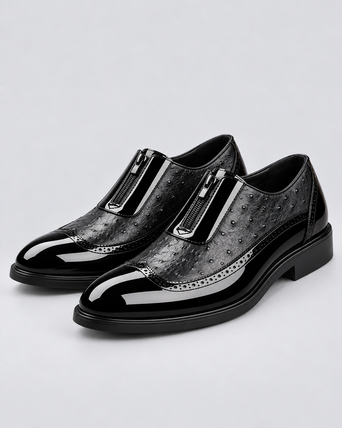 Men's Genuine Ostrich Leather Oxford Shoes | Elegant Brogued Detail with Side Zip Closure