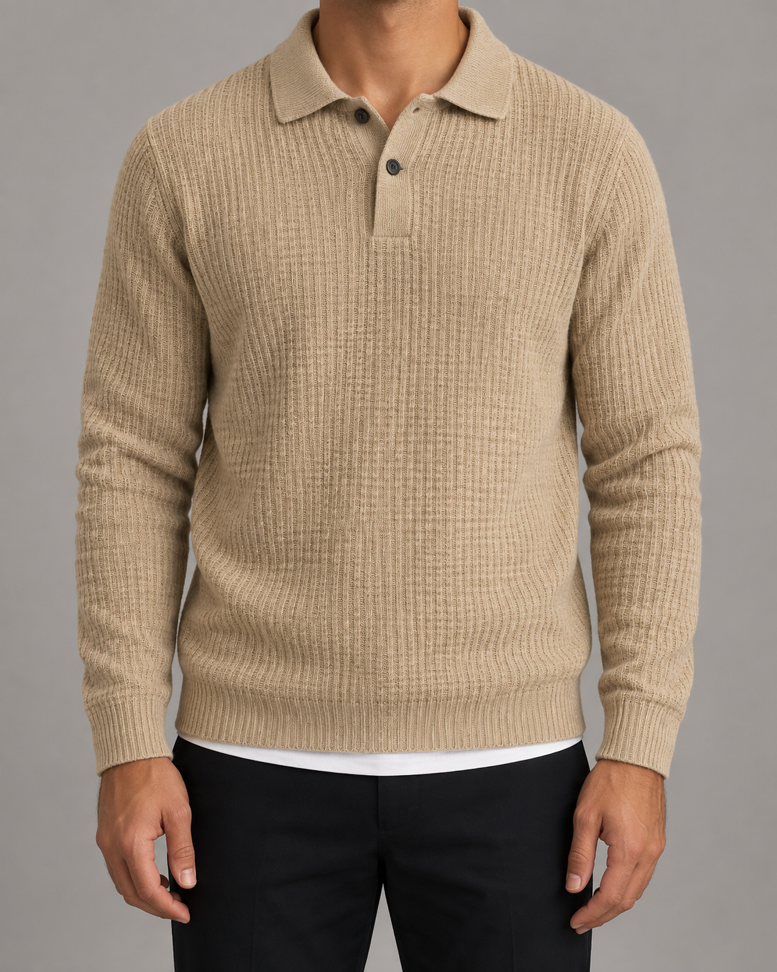 Men's Knitted Polo Jumper – Lapel Collar, Slim Fit