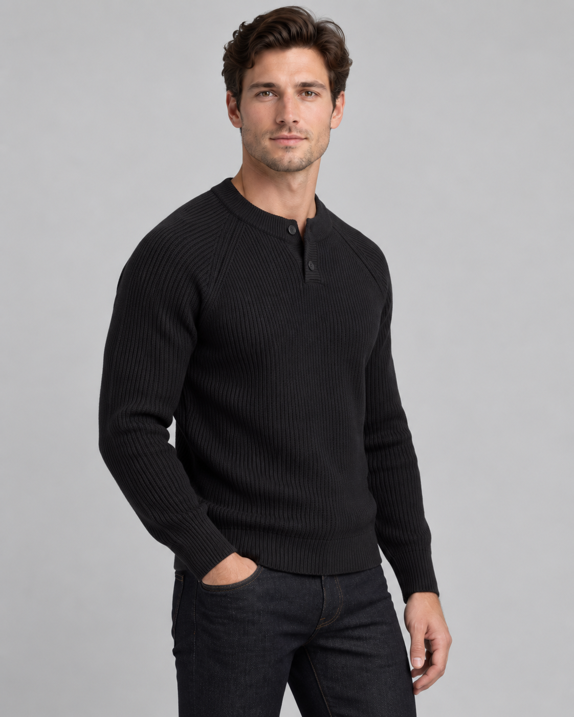 Men's Ribbed Henley Sweater - Button Placket Raglan Sleeve