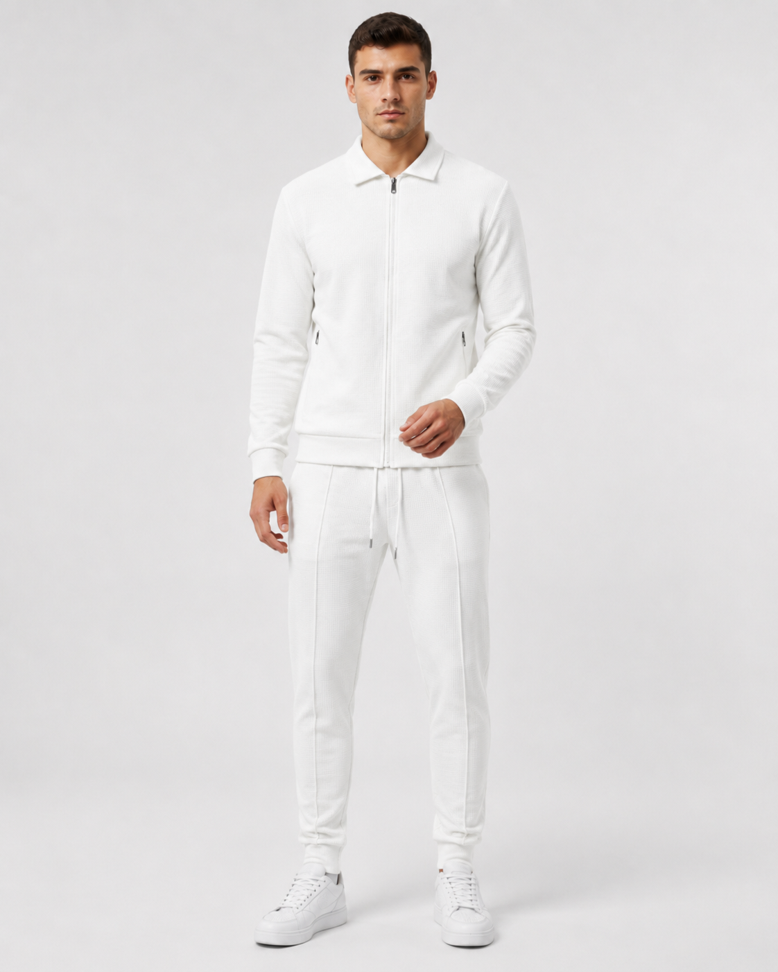 Men's Knit Zip Tracksuit - Collared Top & Joggers