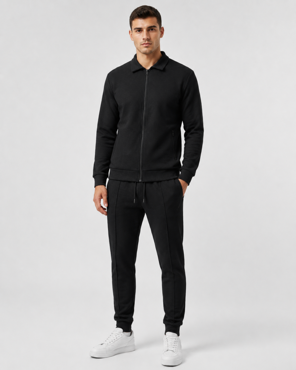 Men's Knit Zip Tracksuit - Collared Top & Joggers