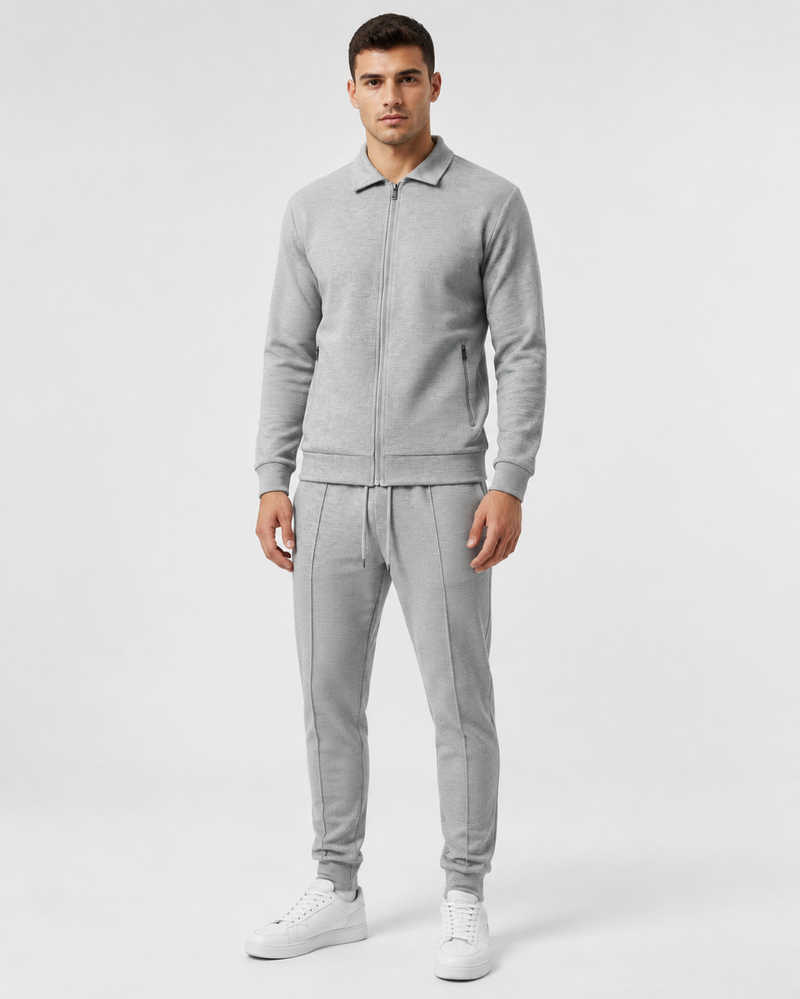 Men's Knit Zip Tracksuit - Collared Top & Joggers