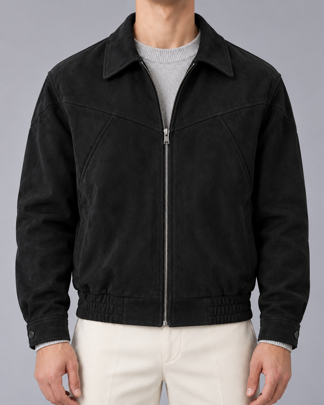 Men's Suede Bomber Jacket – Button Cuffs, Tailored Fit