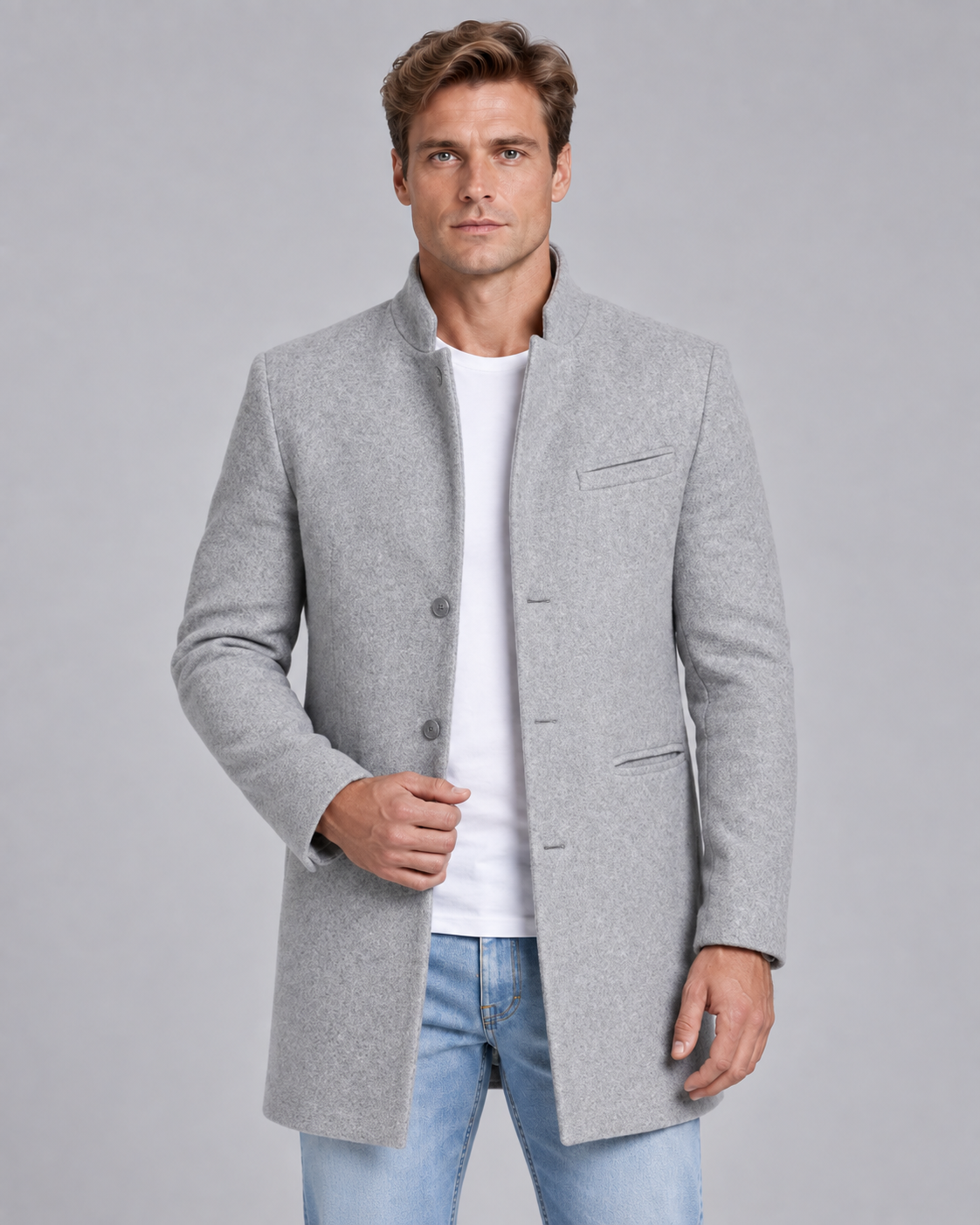 Men's Stand Collar Wool Overcoat | Single-Breasted Tailored