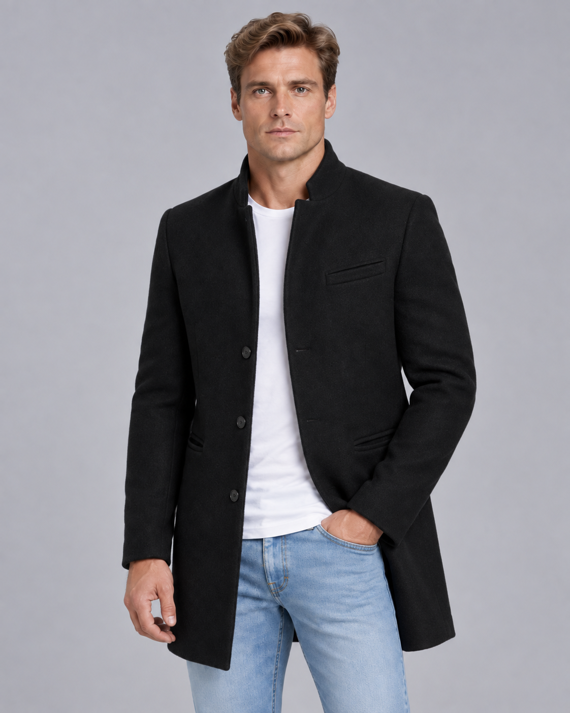 Men's Stand Collar Wool Overcoat | Single-Breasted Tailored