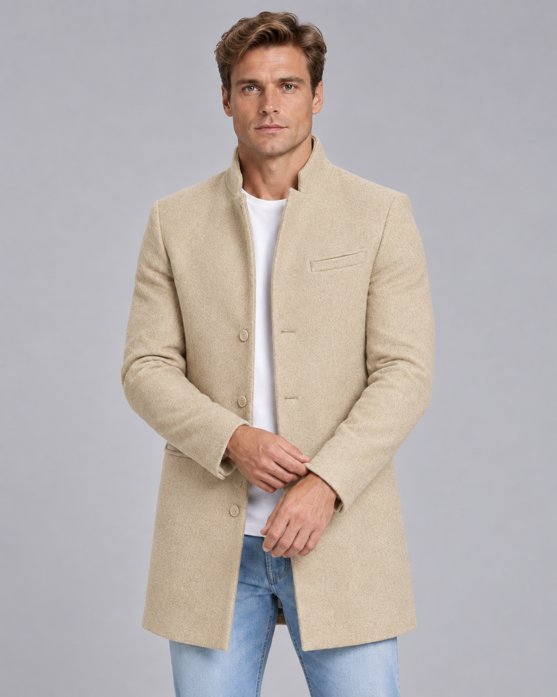 Men's Stand Collar Wool Overcoat | Single-Breasted Tailored