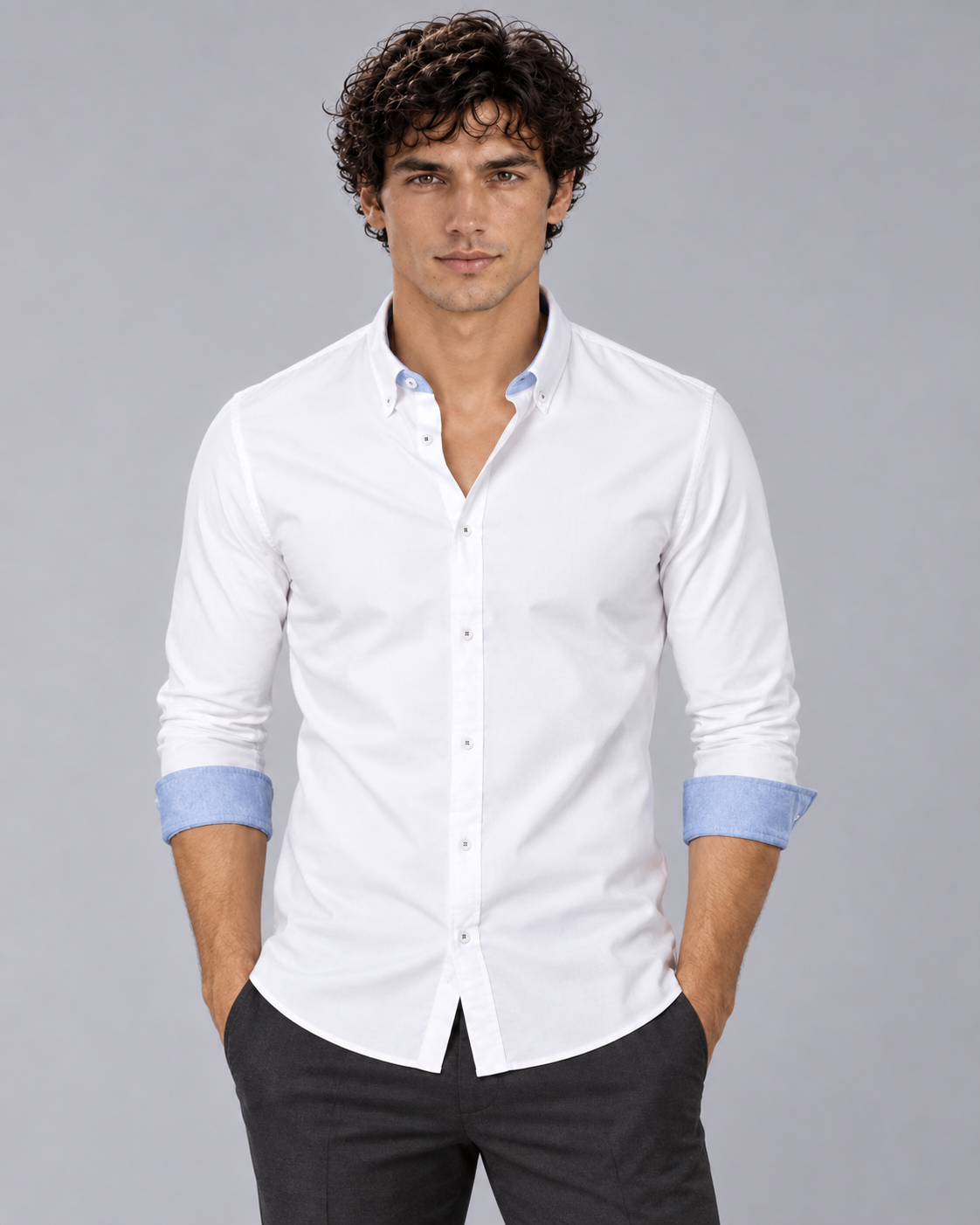 Men's 100% Cotton Slim Fit Button-Down Shirt | Long Sleeve with Contrast Cuffs