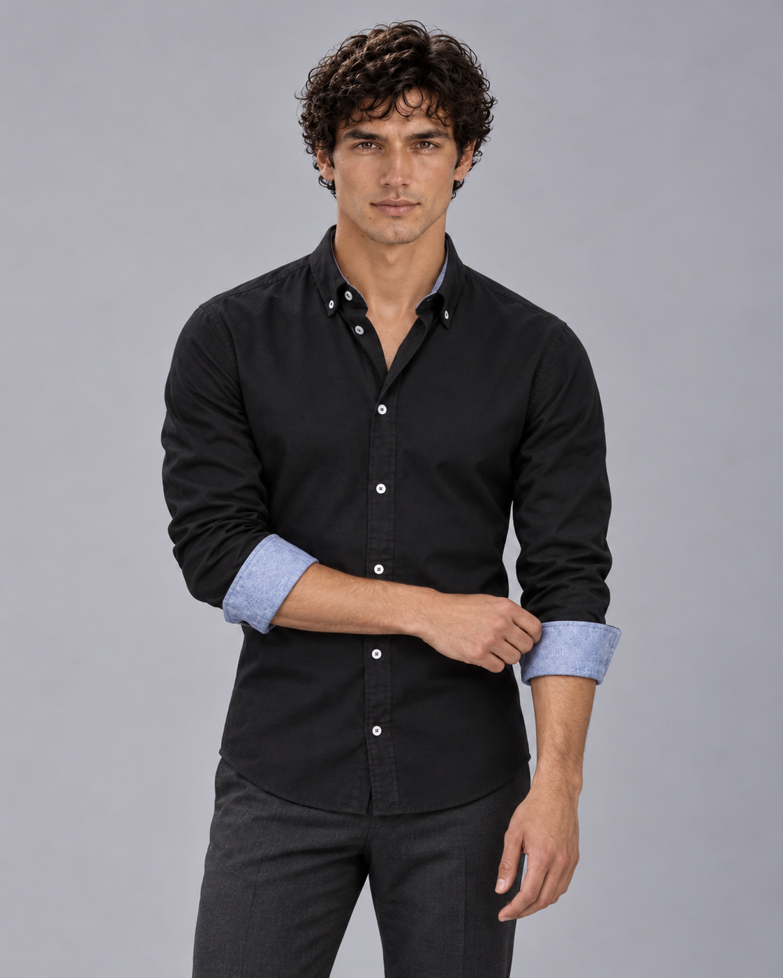 Men's 100% Cotton Slim Fit Button-Down Shirt | Long Sleeve with Contrast Cuffs