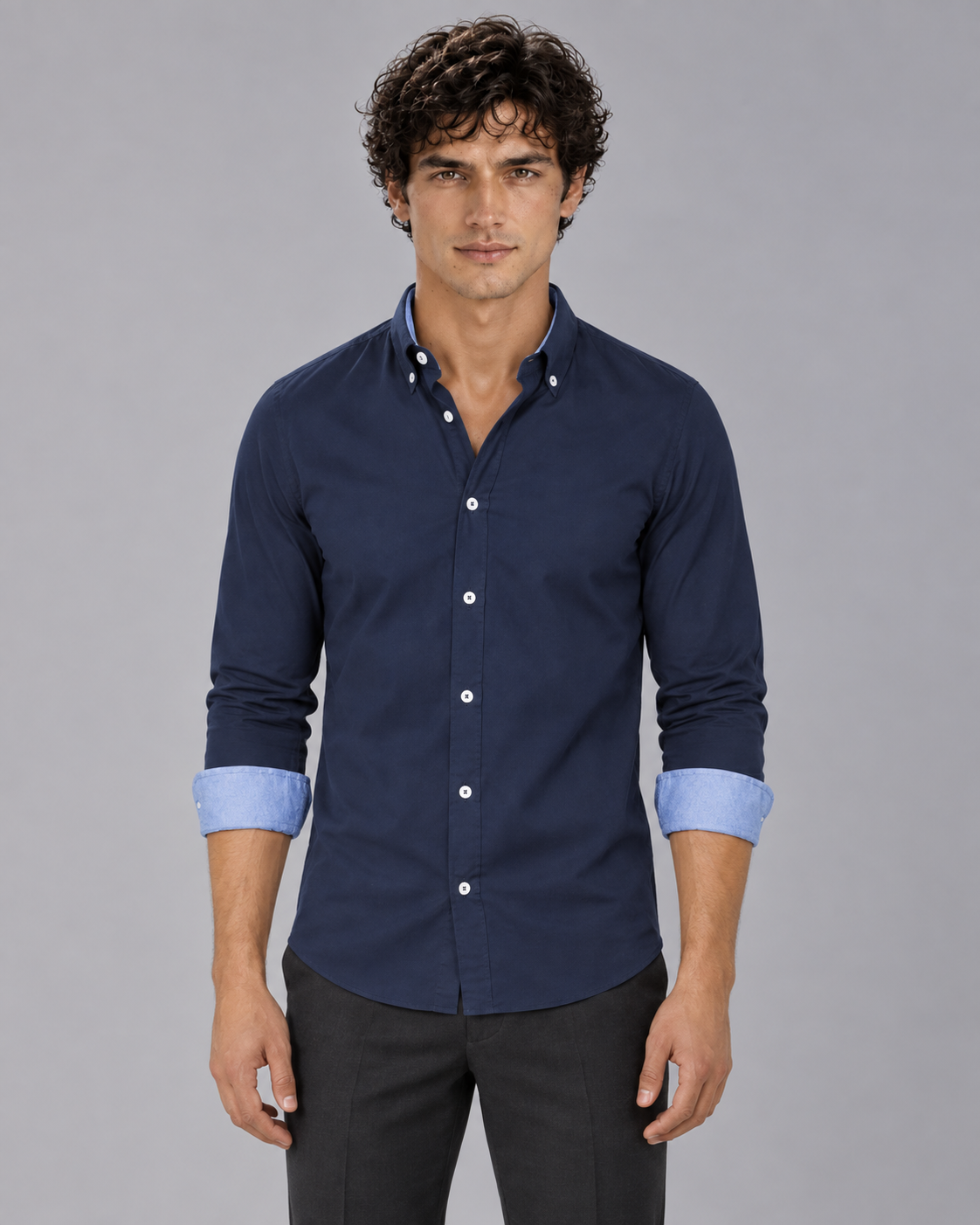 Men's 100% Cotton Slim Fit Button-Down Shirt | Long Sleeve with Contrast Cuffs