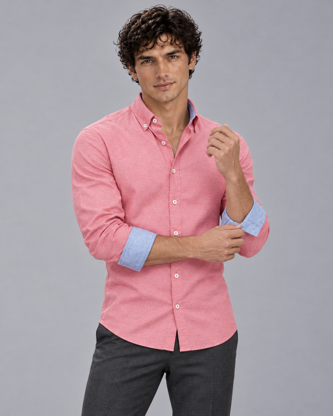Men's 100% Cotton Slim Fit Button-Down Shirt | Long Sleeve with Contrast Cuffs