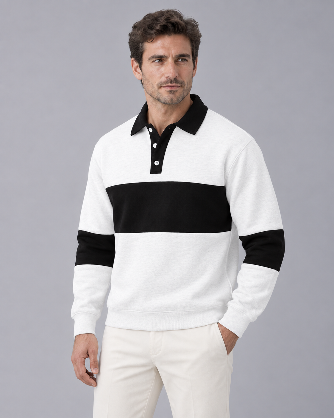 Men’s Polo Sweater – Button Collar Loose Fit Color Block Knit Jumper