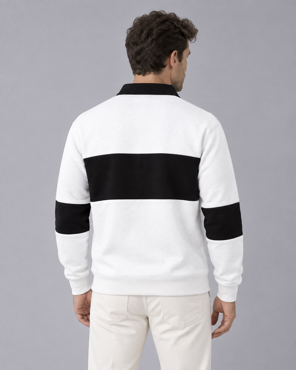 Men’s Polo Sweater – Button Collar Loose Fit Color Block Knit Jumper