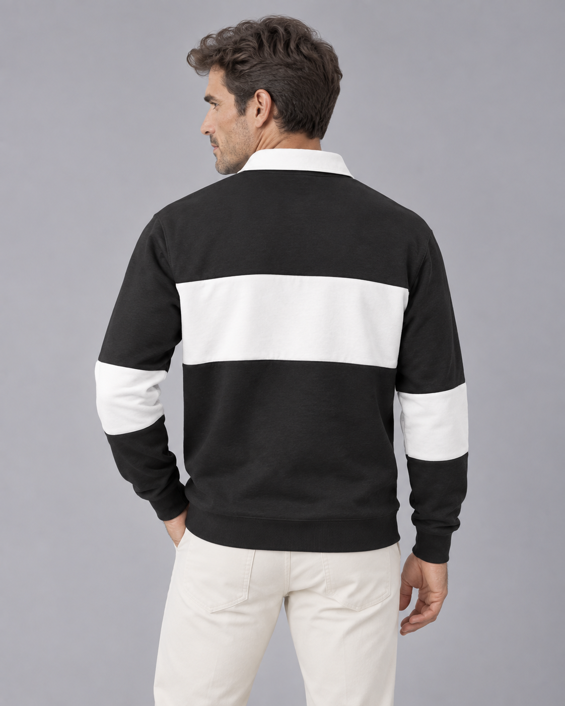 Men’s Polo Sweater – Button Collar Loose Fit Color Block Knit Jumper